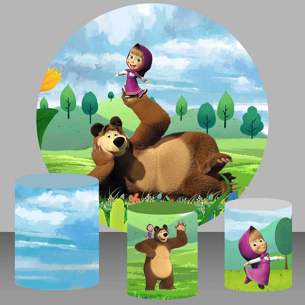Fondale In Poliestere Mashas And The Bear Girl Kids Birthday Party Sfondo Decorazione Gonna Viola Cilindro Elastico Banner