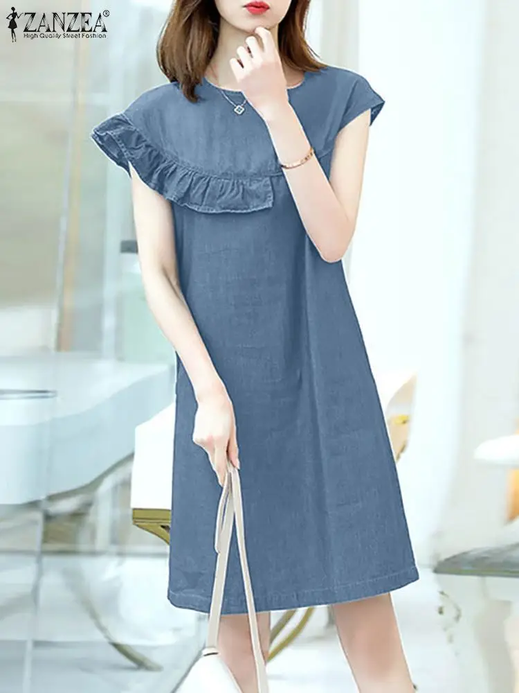 

2024 ZANZEA Summer Fashion Short Sleeve Dress Women Casual Work Vestidos Ruffles Hem O-Neck Solid Vintage Streetwear Sundress