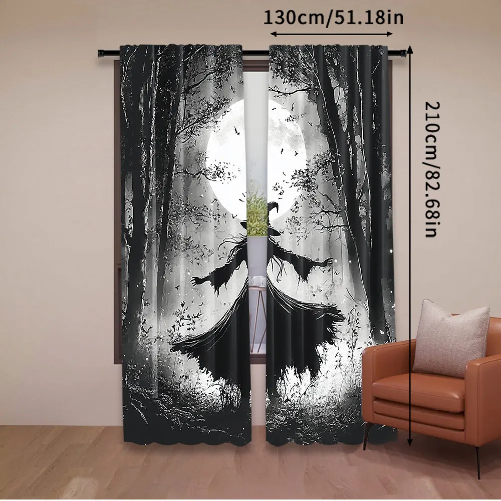 2Pcs Halloween Forest Curtain Horrible Foggy Full Moon Witch Silhouette Gothic Halloween Night Scene Bedroom Bathroom Decor 5
