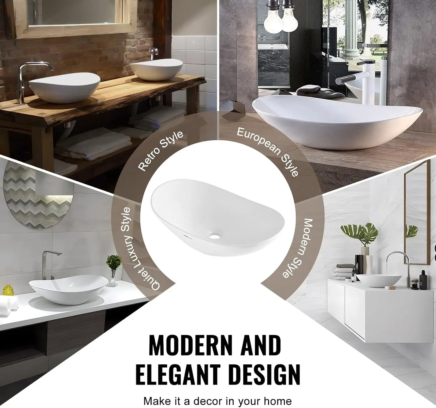 Oval Vessel Sink with Sink Drain, 23.3" x 14.2" Bathroom Vessel Sink Bowl Countertop, Ceramic Bathroom Sinks Above Counter 5