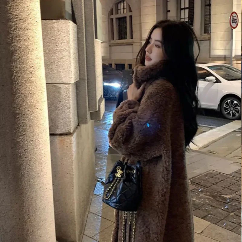 2023 New Women Winter Faux Fur Coat Lamb Wool Long Outcoat Stand Collar Plush Jacket Double Faced Fur Thick Outwear