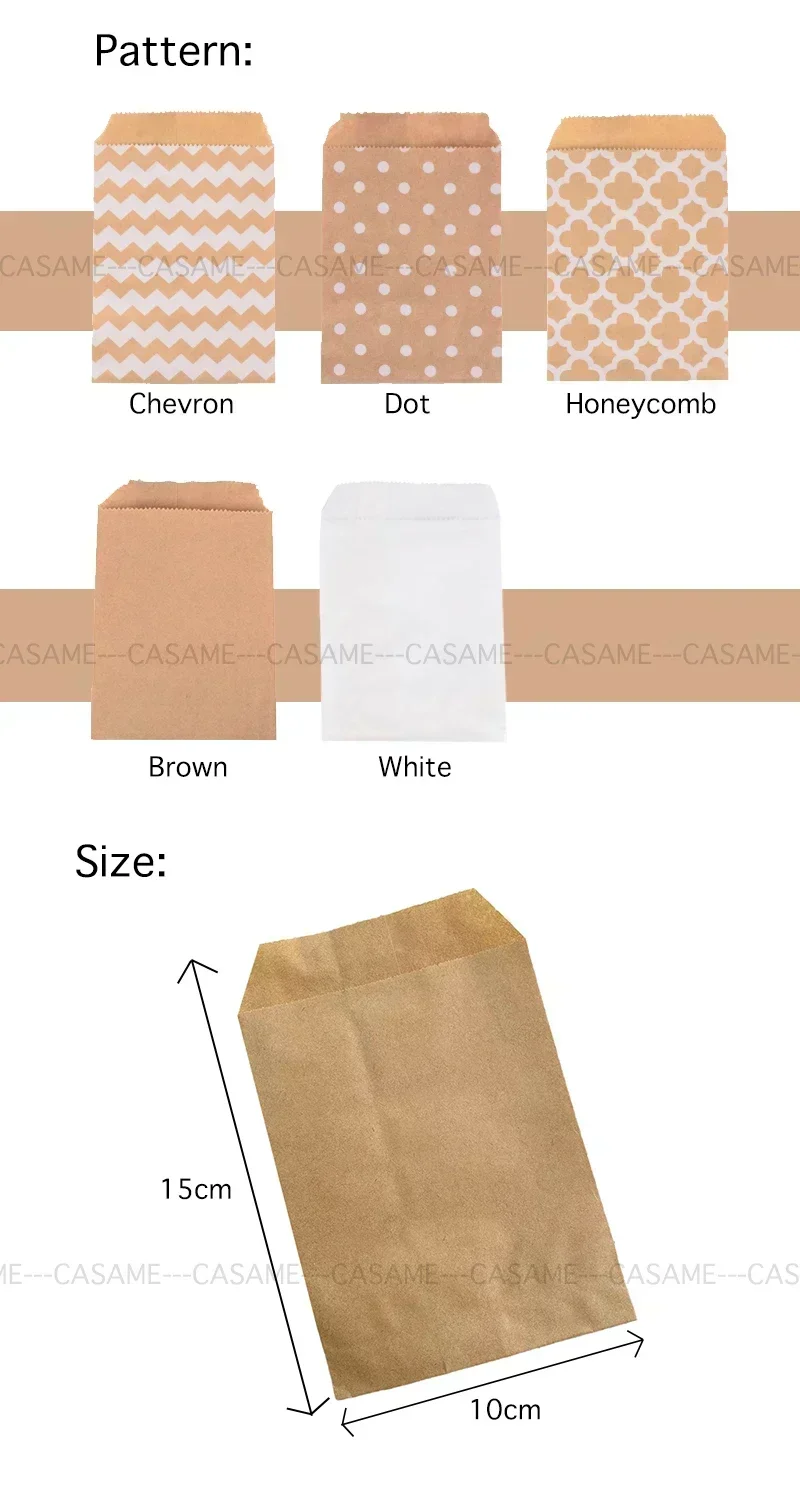 Detailní pohled na tašky z kraftového papíru ukazující vzory teček a vln