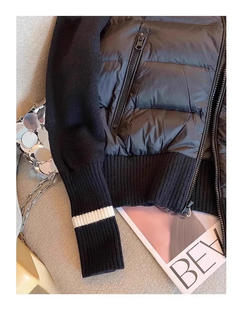 Women's Down Cotton Jacket Autumn Winter Color Contrast Splicing Knitted Long Sleeve Coats Lightweight Stand Collar Outerwear