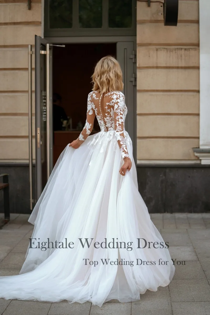 Eightale Elegant Wedding Dress with Long Sleeves Customized Appliques Lace Tulle White Ivory Bridal Gown Vestido De Noiva 6