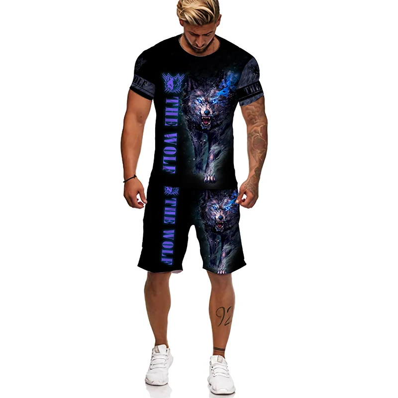 New Summer Tracksuit Men Ferocious Wolf 3D Printing Tshirt Sets Male Suit T-Shirt Shorts GYM clothes Casual 2-Piece Set Clothing