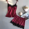 102032-8ae724.jpg Vêtements de nuit d'été femmes pyjama costume mode col en v Stretch Satin nuisette dentelle Sexy Lingerie pyjamas sommeil ensemble short et haut