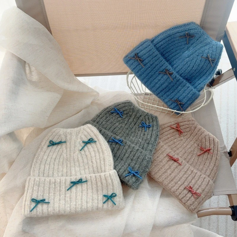 Sweet Bow Thickened Children's Woolen Cap Winter Versatile Knitted Hat Baby Ear Protection Hat Kids Winter Warmer Accessories