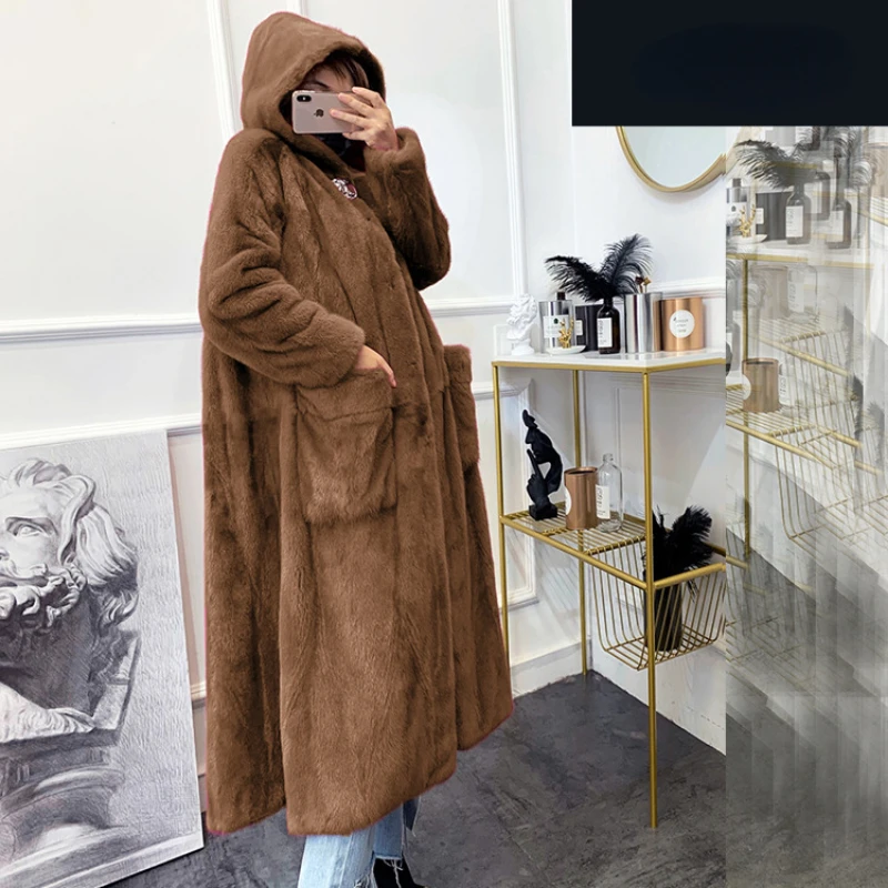 Luxury Brand Winter Long Fur Coat Women Warm Thick Faux Fur Jacket Hooded Chic Robe Buttons Long Sleeve Outerwear New