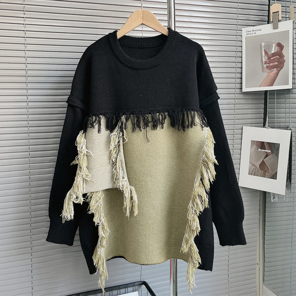 

Cable Knitted Sweater Fringe Women Sweaters 2023 New Autumn Tassel Patchwork Distressed Ladies Warmly Thick Sweater For Winter