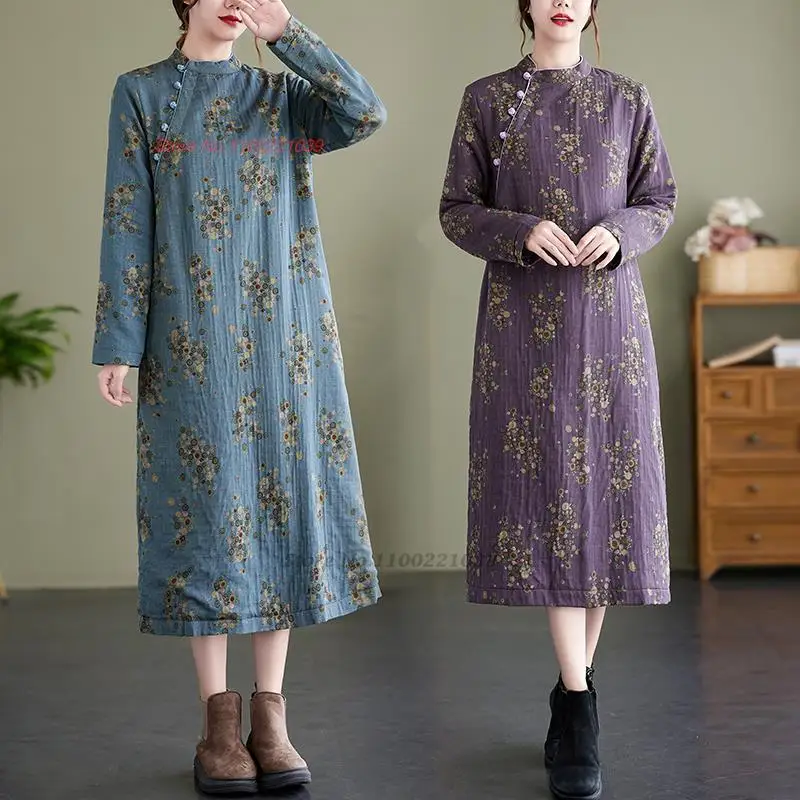 

2024 chinese vintage dress traditional cotton linen dress women improved cheongsam flower print fleece lined qipao folk dress