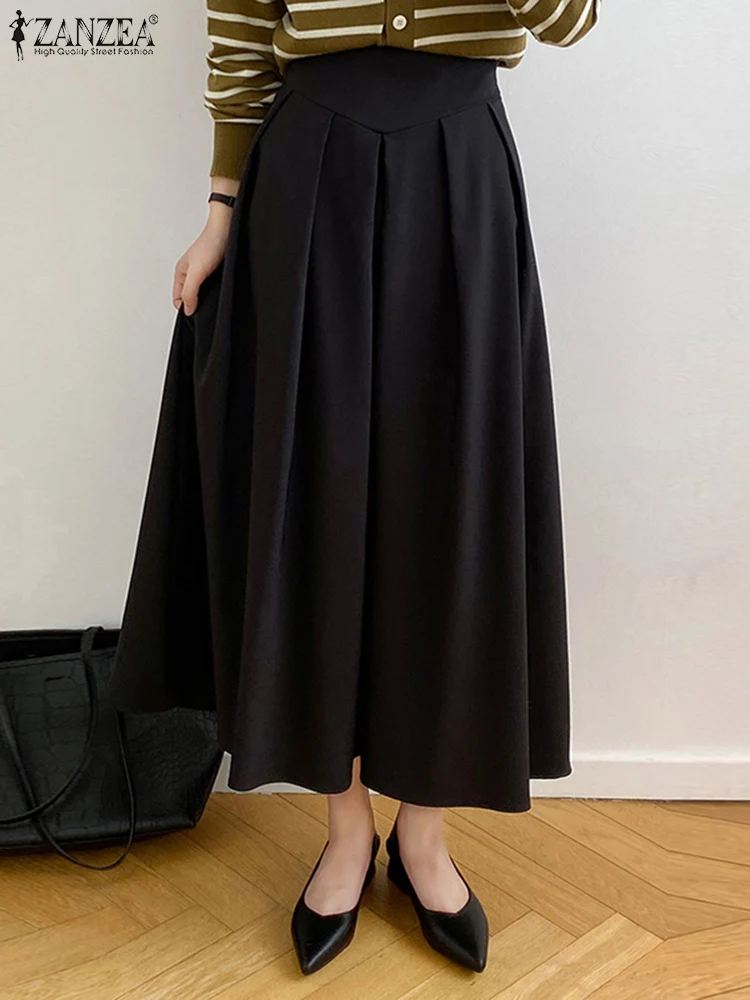 

2023 Summer High Waist Jupe ZANZEA Women Solid Color Maxi Skirt Casual Loose Pleating Faldas Oversized Elastic Waist OL Bottoms