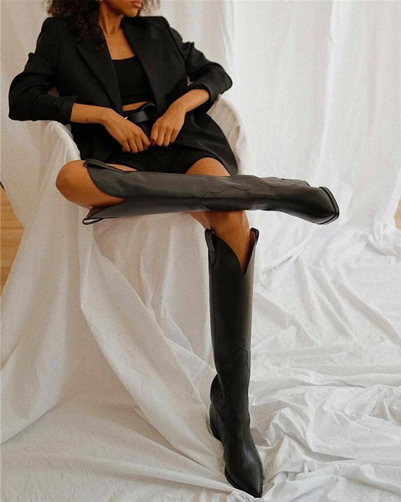 

2023 Cowboy Boots New Spring Black Wedge Knee High Boots Fashion Slip On Chunky Heels Pu Leather Women's Cowgirl Boots