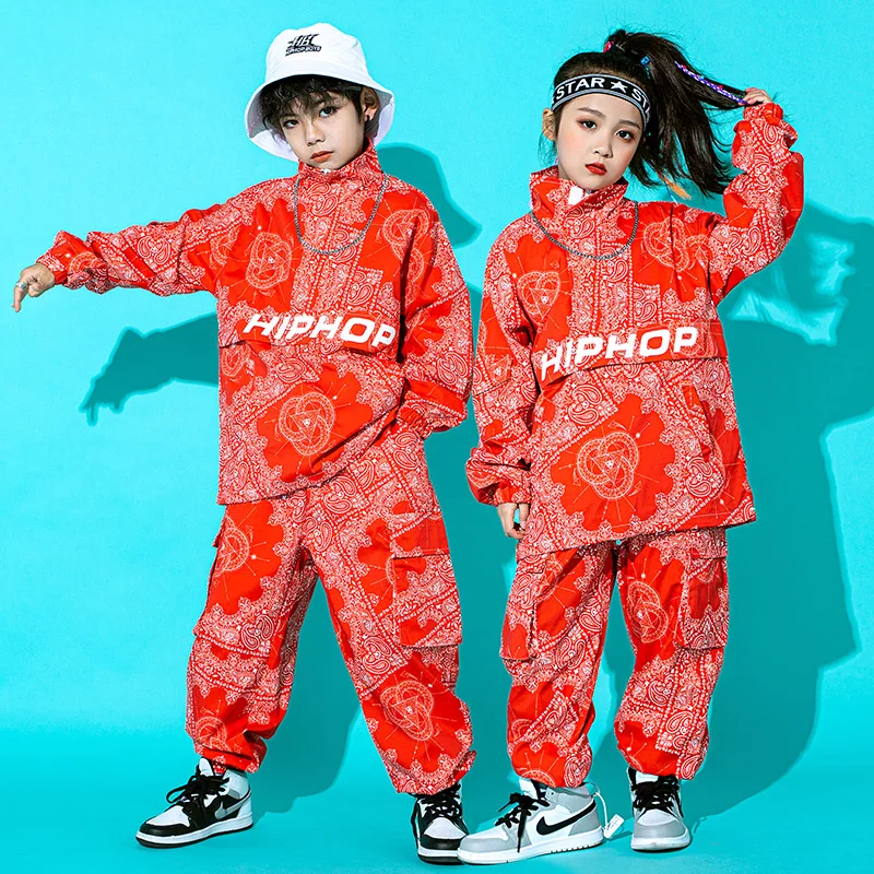 Boys Street Dance Costume Loose Blue Sweater Pants Tide Printing Hip-Hop Outfit Performance Girls Clothes Rave Wear BL7234