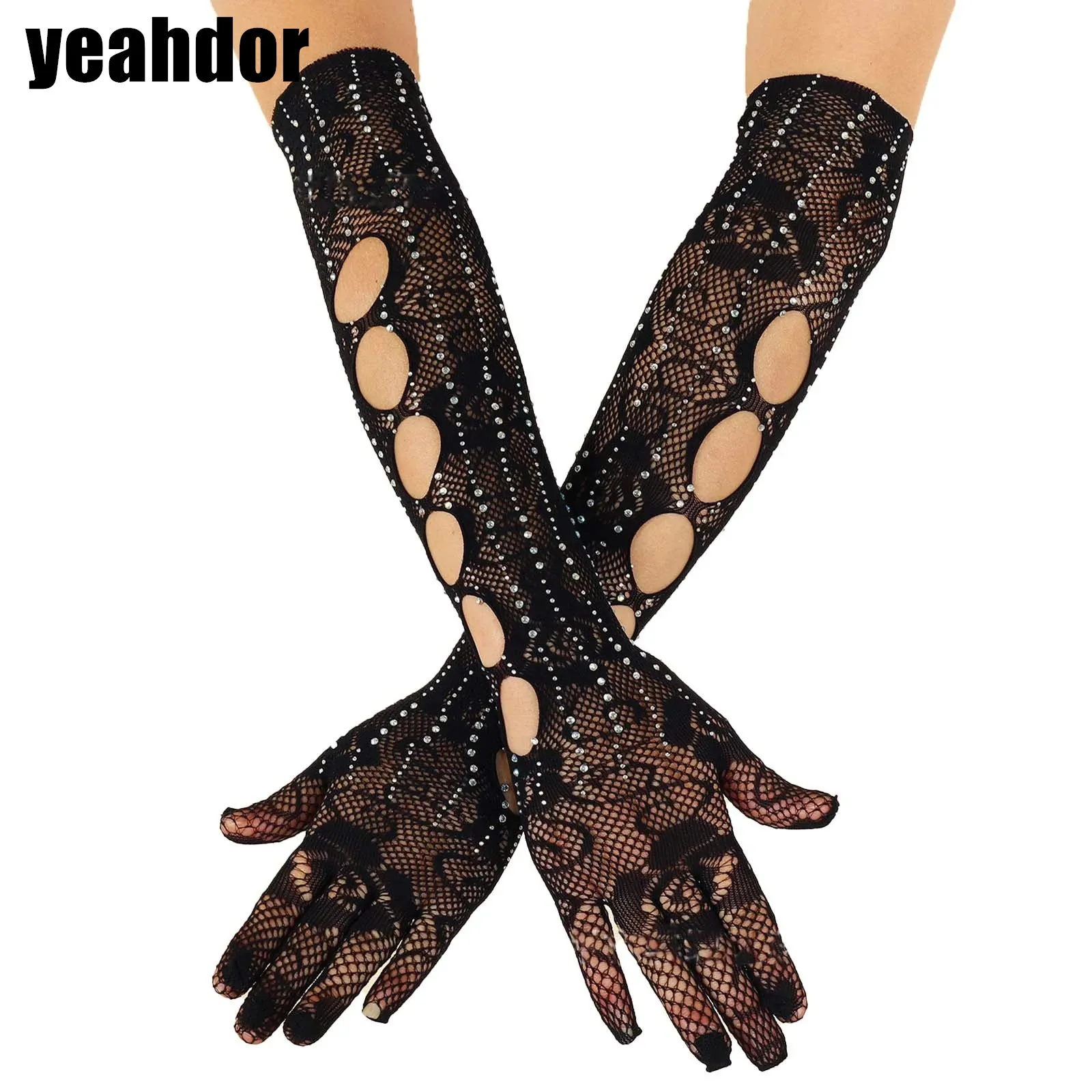 

Women Gothic Long Gloves Five Fingers Hollow Out Fishing Net Gloves Bridal Elbow Gloves Opera Gloves with Shiny Diamonds