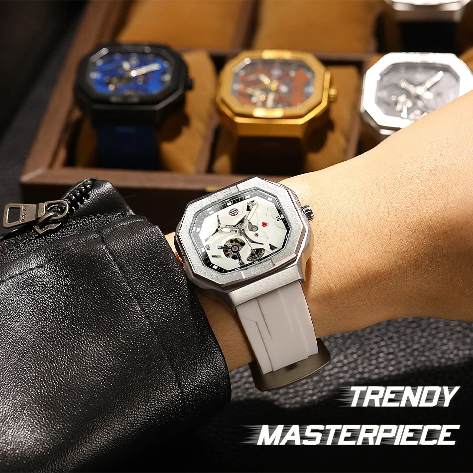 2024 FORSINING Square Skeleton Mechanische Echte Herrenuhr Automatisches Uhrwerk Weiße Sport Wasserdichte Luxus-Männeruhren_voghion.com