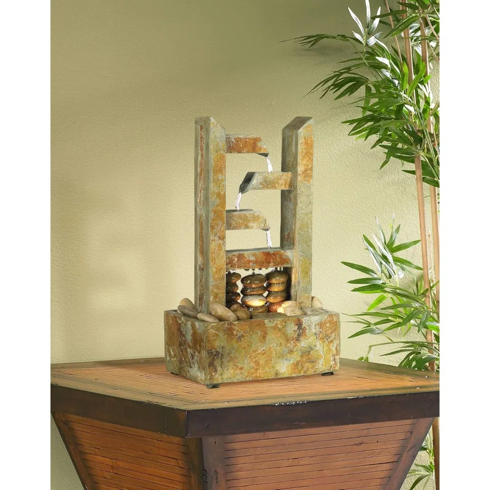 Modern Indoor Zen Waterfall Fountain with Light, Slate Stone Tabletop Decor for Desk Relaxation