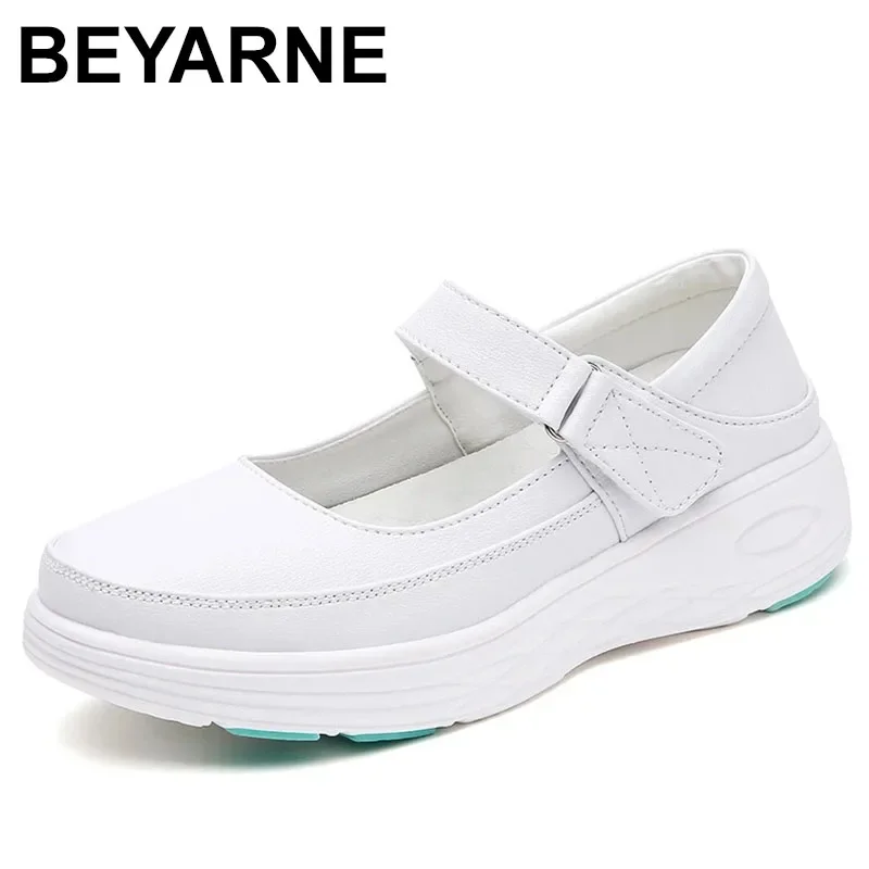 정품 가죽 에어 쿠션 간호사 신발, 여성용 봄 부드러운 밑창, 통기성 두꺼운 밑창, 여성용 신발, 흰색 의료 신발 