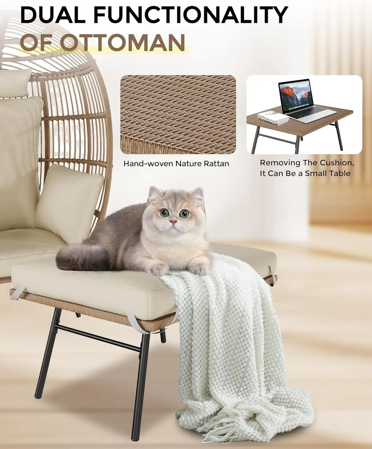 Wicker Outdoor Egg Chair with Footrest Patio Oversized Lounger Chair with Ottoman, Cushions, Outdoor Indoor Basket