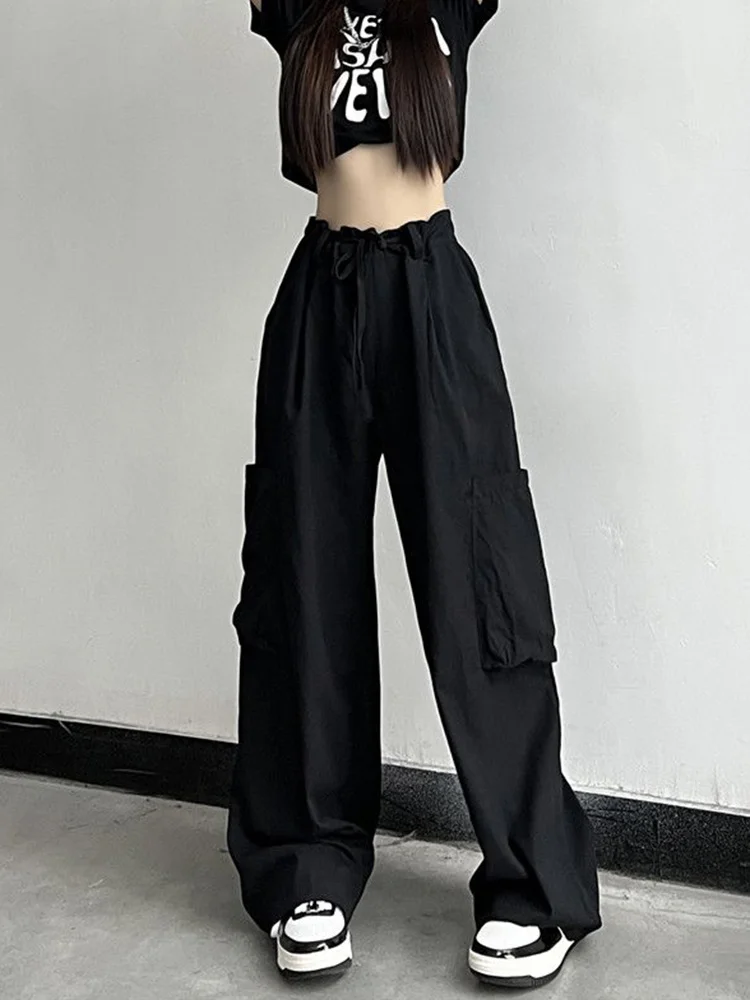 

Streetwear Y2K Big Pocket Cargo Pants for Women Harajuku Vintage Parachute Pants Elastic Waist Solid Casual Wide Leg Pants