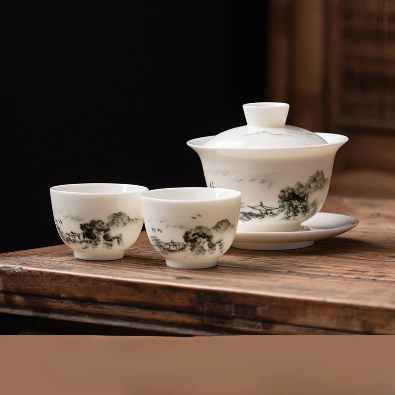 Hovering Hand-painted Mutton Fat Jade Porcelain Cover Bowl Single Three-cai Cup Kung Fu Tea Set Tea Cup Suspension Bowl Large