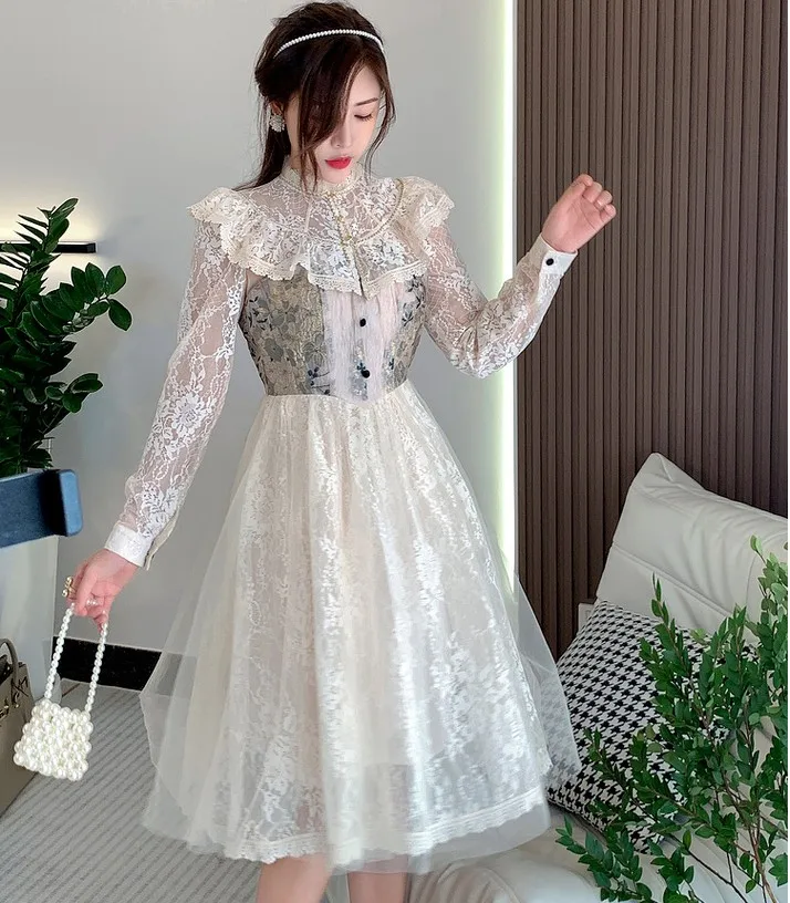 2023 Spring Women Vintage Elegant Jacquard Patchwork Lace Midi Dress  Fashion Temperament Ruffles Slim Waist A-Line Party Dresses