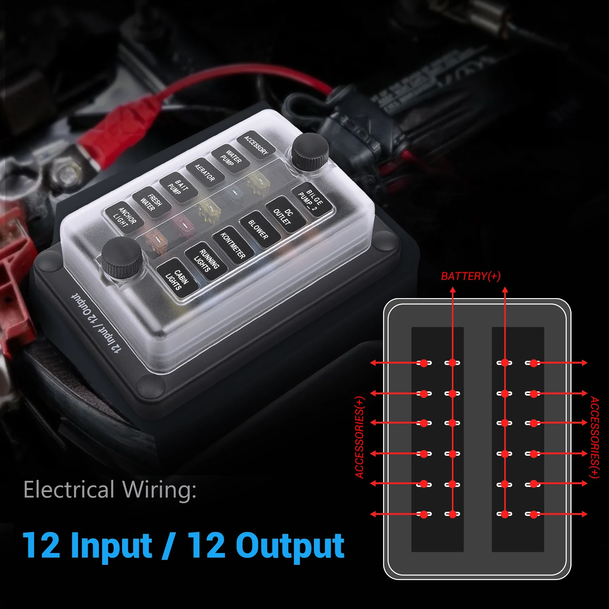 MICTUNING Fuse Box 12 Inputs and 12 Outputs High Quality Ways Fuse Block Holder Waterproof Car Accessories For Car Truck Boat