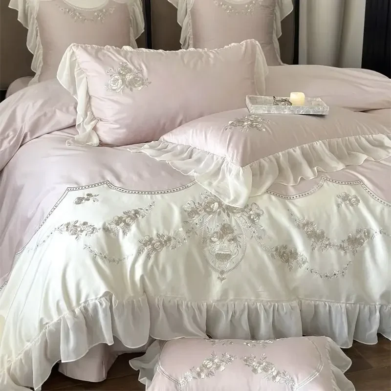 

Vintage French Rose Flower Embroidery Bedding Set 120S Egyptian Cotton Lace Ruffles Duvet Cover Flat/Fitted Bed Sheet Pillowcase