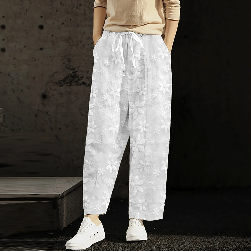 

Elegant Embroidered Lace Straight Trousers Women Fashion Drawstring Elastic Waist Pockets Pants Ladies Casual Loose Long Pants