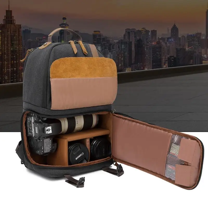 Lona e Couro Ombro Pequeno Fotografia Bolsa Mochila Câmera Profissional Multi-função Dslr Drone Laptop - Image 6