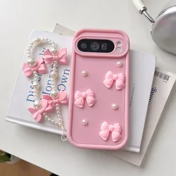 Bow Pearl Chain Rope Phone Case - Elegant Soft Cover Accessory - Google Pixel 8 Pro (Pink)