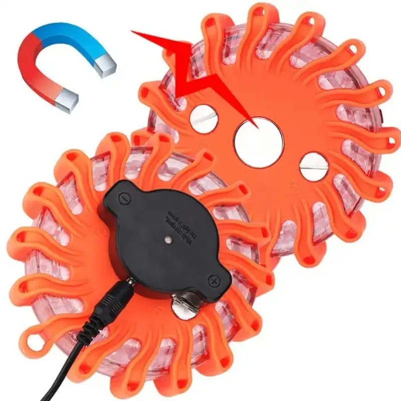 LED Road Flares Flashing Emergency Warning Light Rechargeable Waterproof Roadside Safety Disc Magnetic Base Flashing Flare Kit