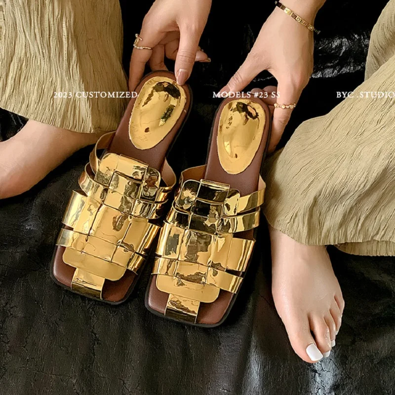 

PETITE GIRL Flat Roman Sandals Women's Leather British Style Square Head Low Heel gold Woven Hollowed Out Fashion Slippers