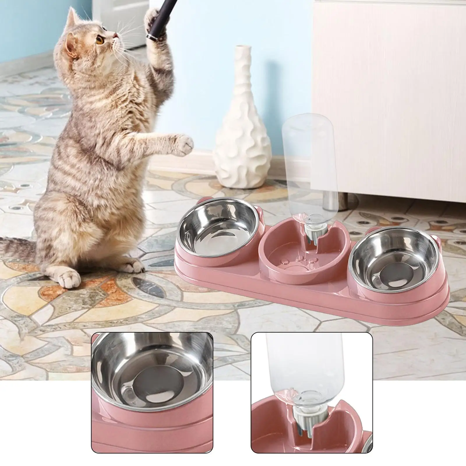 Triple Cat Bowl, Pet Food And Water Bowl, Tilted at 15°, 3 in 1, for Wet And
