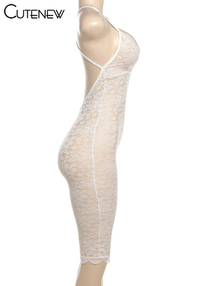 Lace Women Playsuits Solid Sexy Cross Spaghetti Strap Backless Low Neck Trim Sheer Slim Rompers Mujer Midnight One Piece