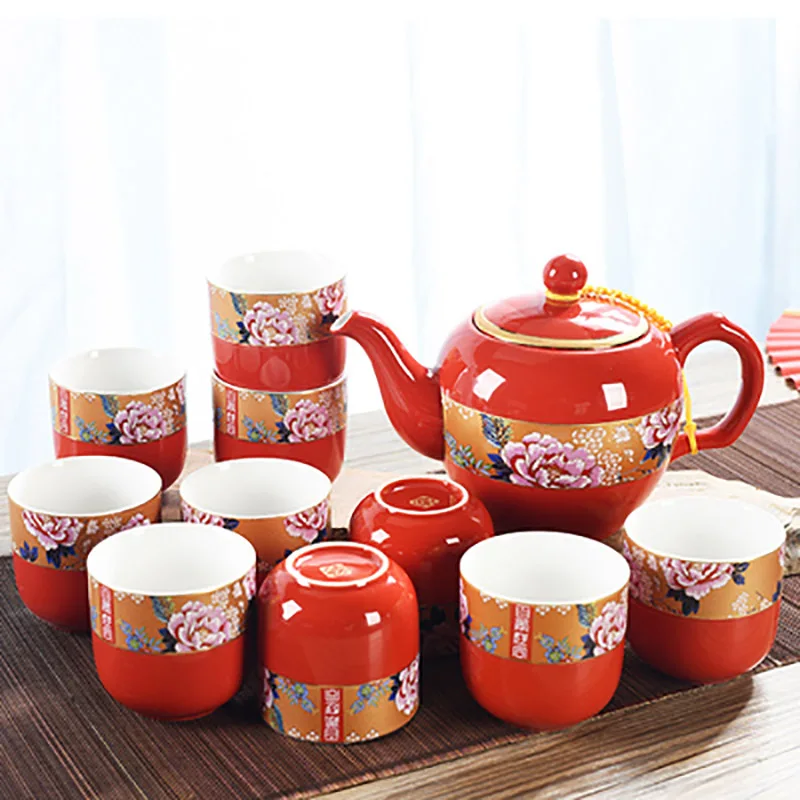 Household Chinese Traditional Red Tea Pot Set, Porcelain Kung Fu Teapot Cups, Wedding Souvenir Gifts for Bride and Groom