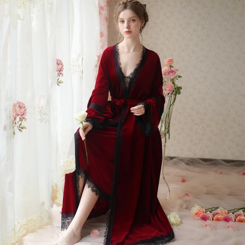 Elegant Retro French Twinset Robe Set Nightgown Velvet Long Kimono
