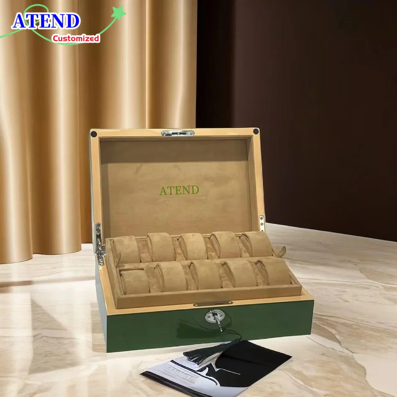 ATEND Wholesale High-grade Green Wood 10 Grids Watch Box Large Capacity Watch Storage Box GMT Watch Box Display Props Gift Cases