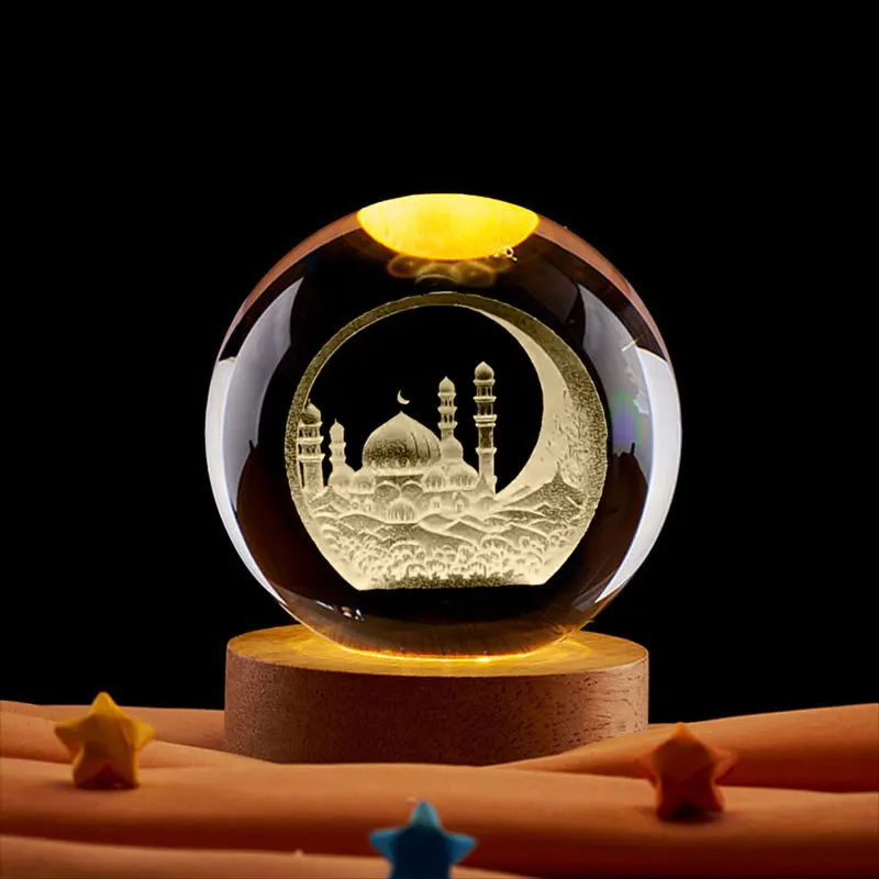 6 cm 3D Kristallkugel Nachtlicht Ramadan Dekoration für Zuhause Mond Schloss Palast Ornament Kareem Geschenke Muslim Islam Party Dekor