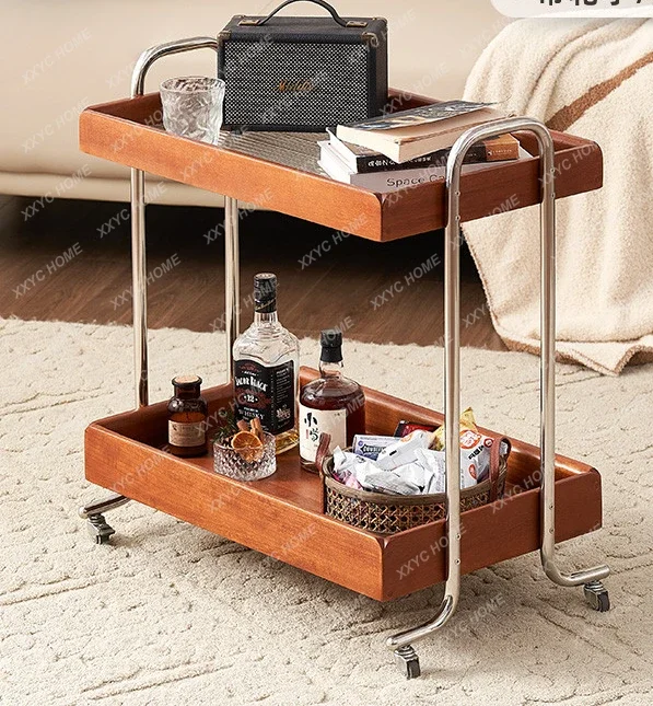 

Solid Wood Tea Table Iron Retro Mobile Trolley Small Apartment Living Room Sofa Side Table