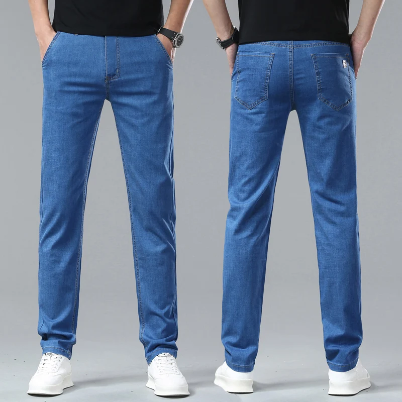 Light Blue Classic Business Casual Cotton Pants Fashion Breathable Denim Elastic Trousers Brand Men's Clothing Straight Jeans 3