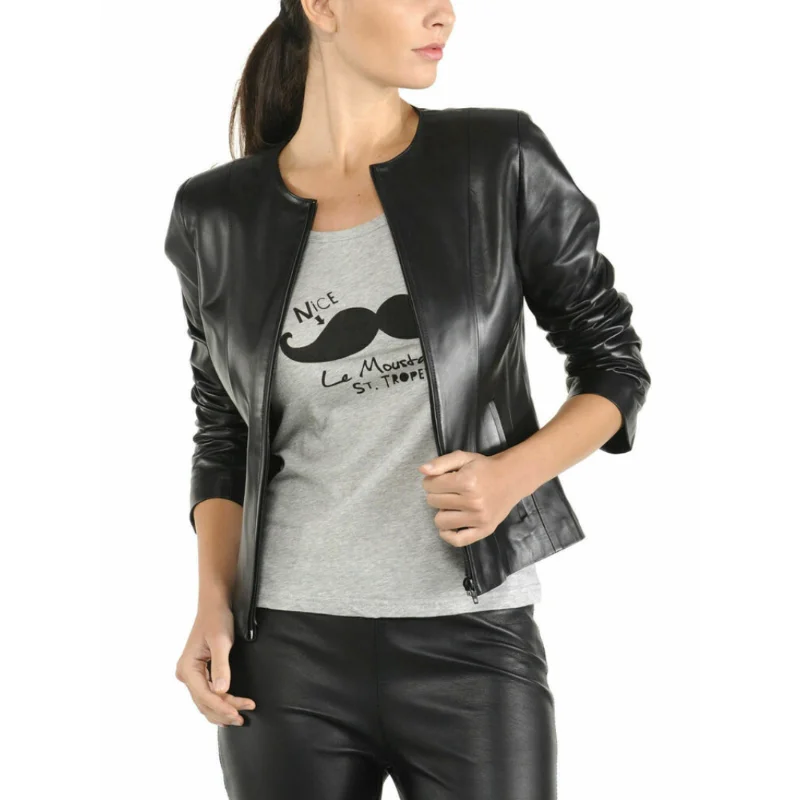 Women Genuine Leather Top Coat Sheepskin Stylish Classic Slim Fit Collarless Zippered Leather Jacket