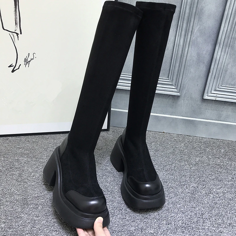 Faux Suede Knee High Platform Boots Women Sexy Thick Mid Heels Shoes Autumn Winter Fashion Designer Round Toe Punk Long Botas