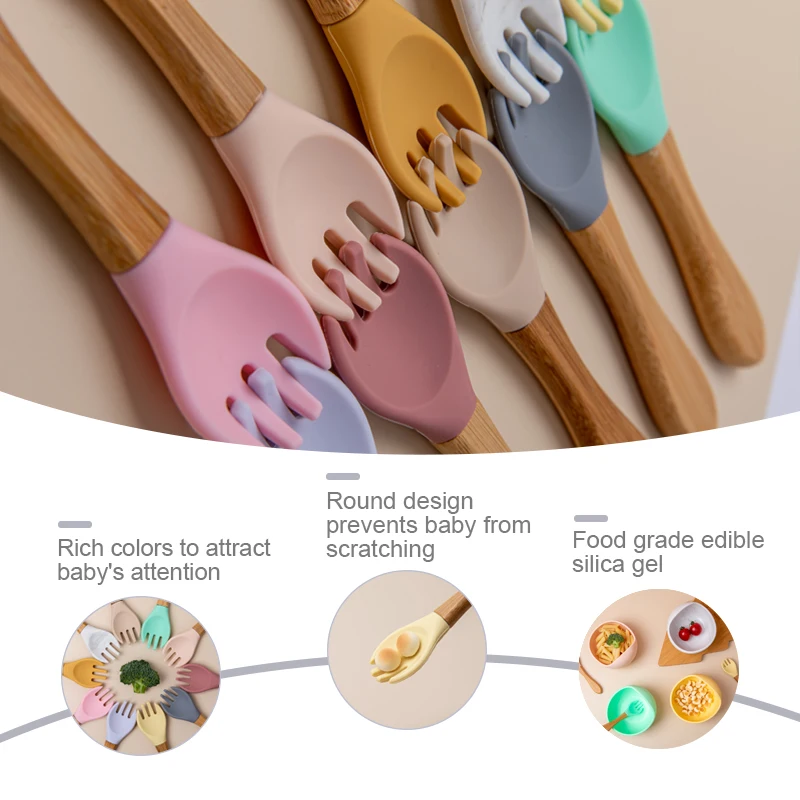 Children Food Grade Silicone Spoon Fork For Infait Wooden Handle Silicone Spoon Fork Cutlery Baby Feeding Learn To Eat Tableware