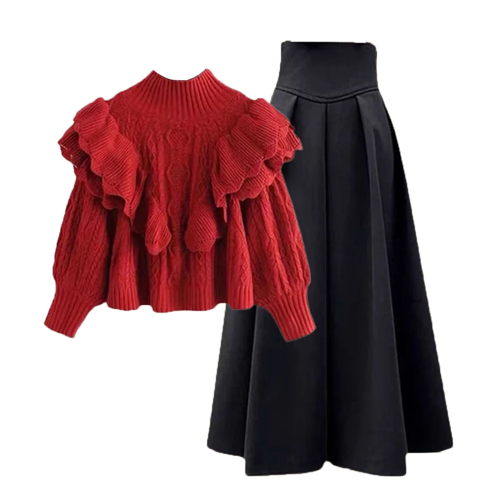 

Fashion Women's Suit Set Long Sleeve Ruffles Red Short Sweater Long A-line Swing Skirt