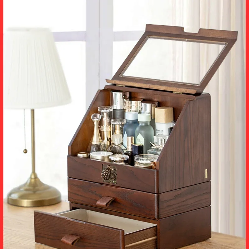 

Flash sale Chinese Style Retro Three Layer Drawer Desktop Skincare Products Makeup Dustproof Makeup Storage Box Space Saving