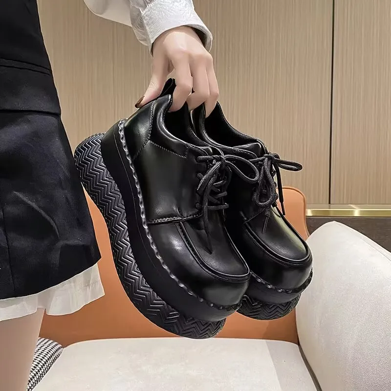 Round Toe Thick Bottom Platform Chunky Heels Women Pumps Lace Up Black Ins Fashion Punk Street Ladies Shoes Zapatillas De Mujer