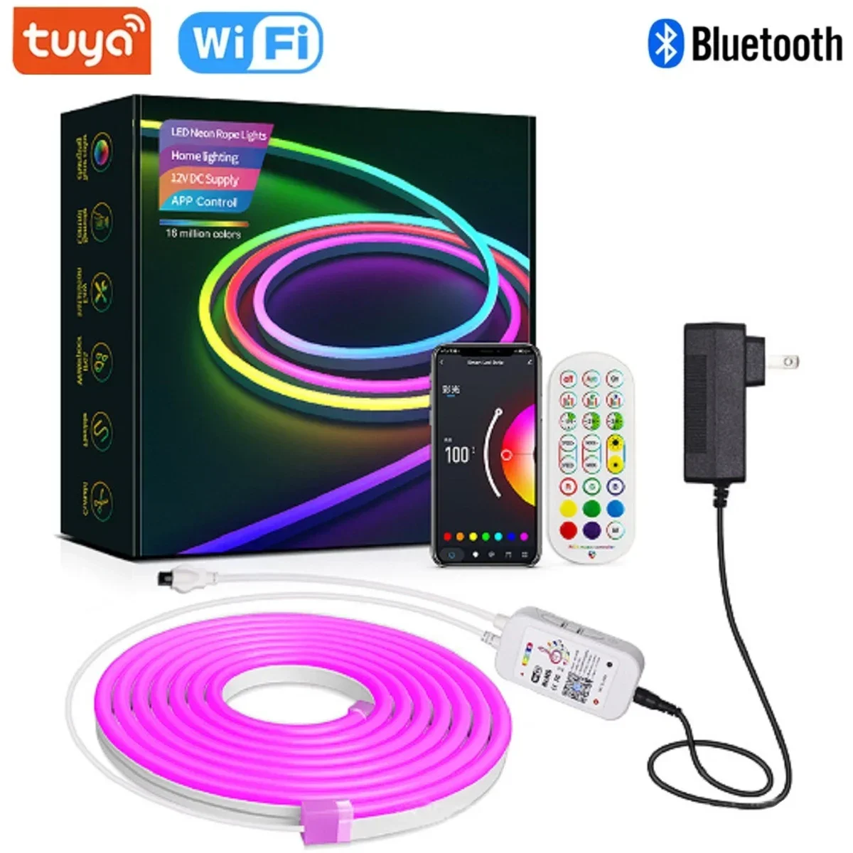 DC12V Tuya Wifi LED Neon Light Strip RGB 5M Kit Waterproof Flexible Tape for APP/ Bluetooth/ Remote Control with High Brightness rgb led strip lights 2835 flexible ribbon led light strips dc12v 5m 10m with remote control for living room bed room kitchen