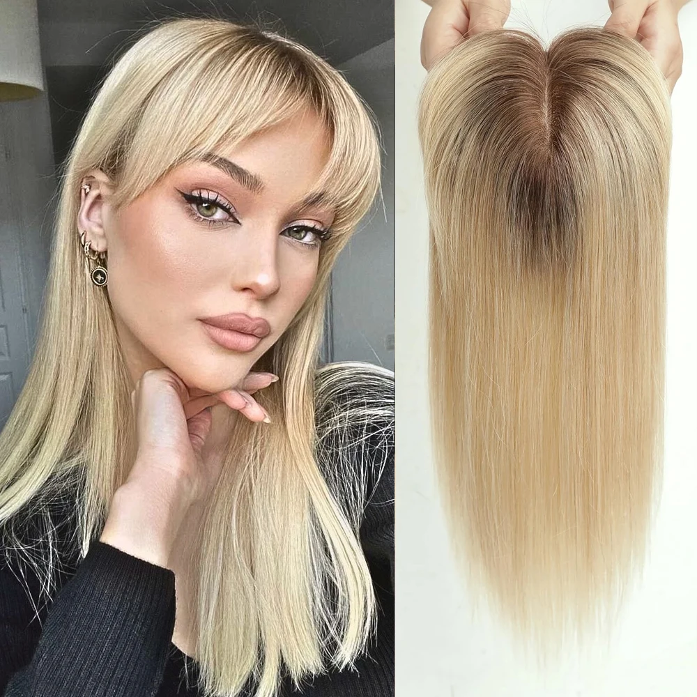 Human Hair Toppers with Bangs Ombre Platinum Blonde Remy Hairs Topper Silk Base Clip in Toupee Hair Pieces for Women Loss human hair toppers