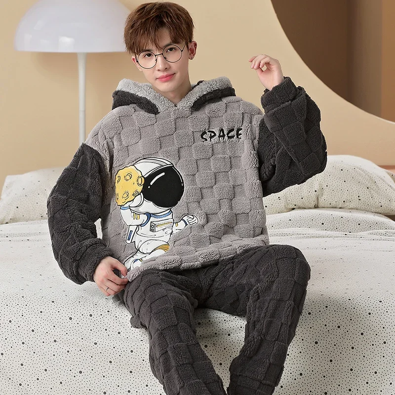 Men Winter Thickened Coral Fleece Pajamas Set Plush Hooded Home Suit Long Sleeve Cartoon Flannel plush pajamas pajamas set flannel pajamas set man pajamas set 2PCS Set Warm Nightwear 5XL