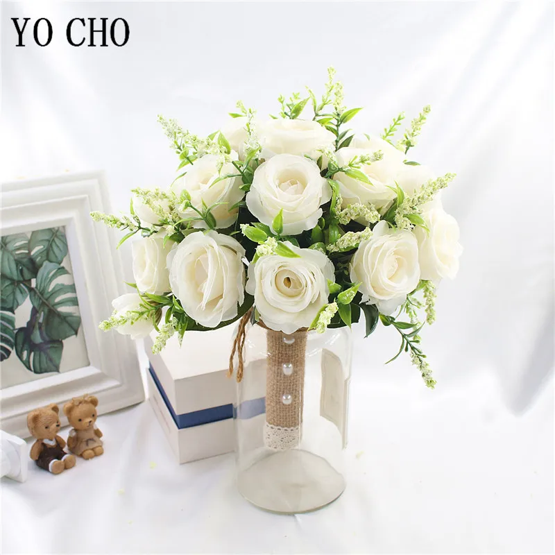 Contenere Fiori Bouquet Da Sposa Rosa Naturale Artificiale Con Nastro Di Raso Di Seta Rosa Bianco Champagne Bouquet Da Damigella D'Onore Da Sposa